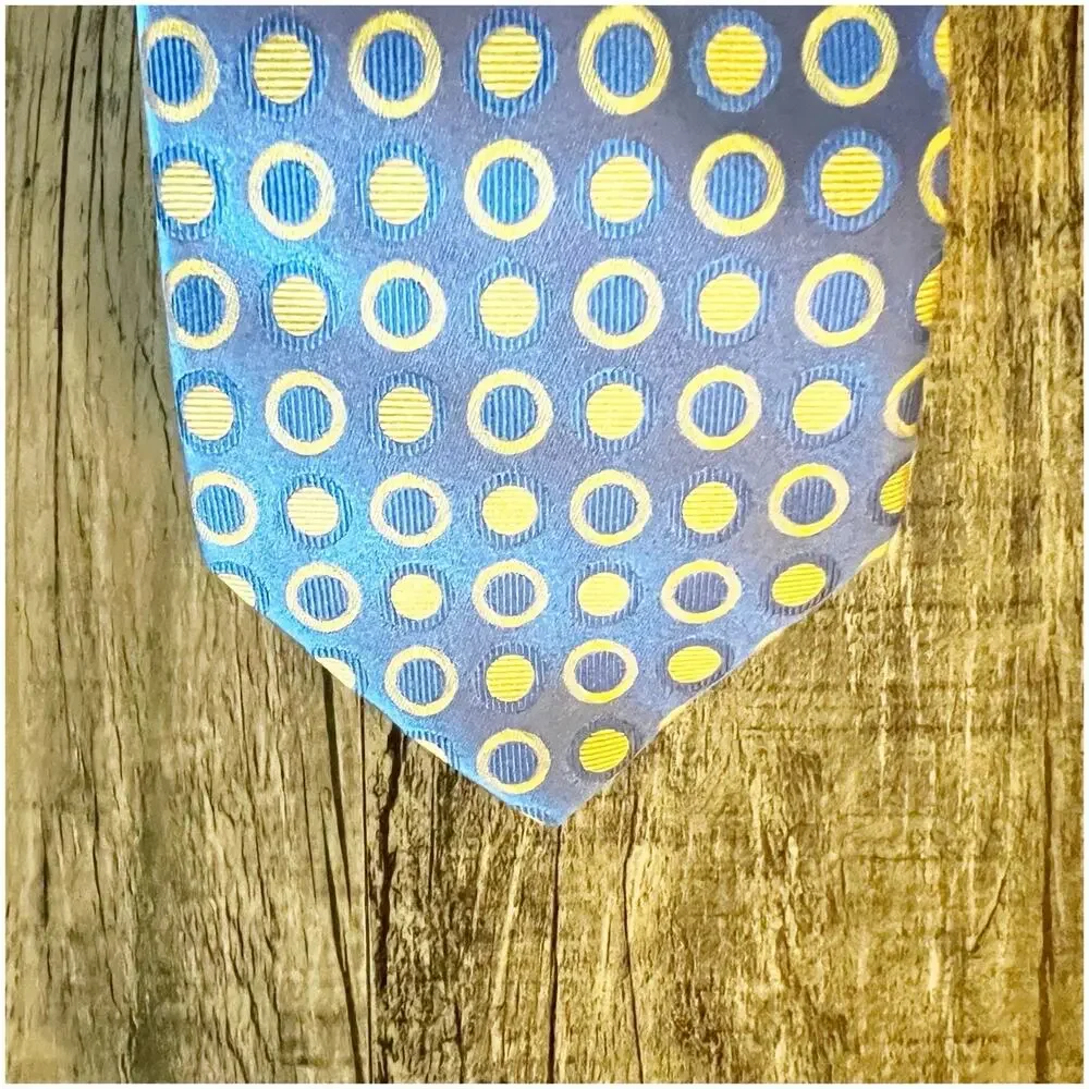 Paul Fredrick 100% Silk Tie Polka Dot Blue Yellow Abstract Artsy Business Preppy